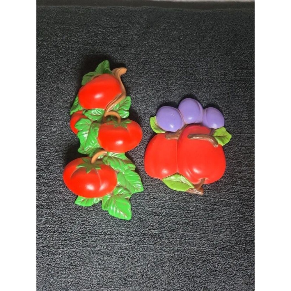 Vintage 1970 Miller Studio Chalkware Wall Plaques - Set of 2 Fruit & Veggie Kitc